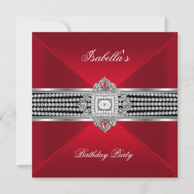Invitación Fiesta de Cumpleaños Joyas de Diamante Rojo y Negr (Anverso)