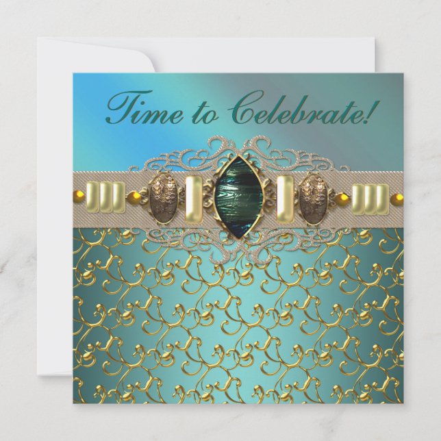 Invitación Fiesta de cumpleaños Joyas Esmeralda Azul Turquesa (Anverso)