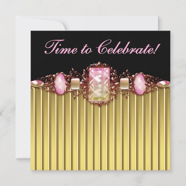 Invitación Fiesta de cumpleaños Joyas Rosa Negro Oro (Anverso)
