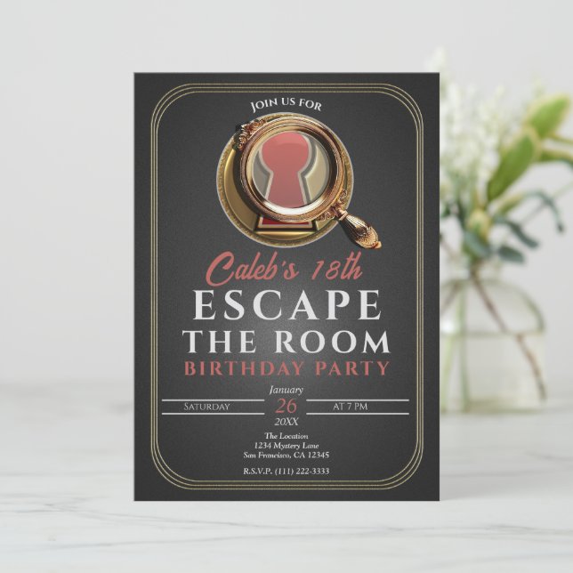 Invitación Fiesta de Cumpleaños Juego de Escape Gold & Black (Anverso de pie)