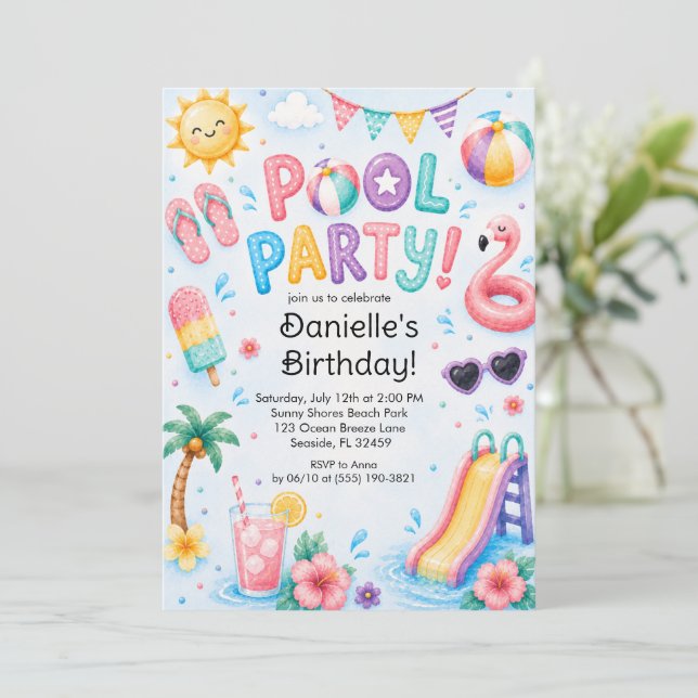 Invitación Fiesta de Cumpleaños junto a la Piscina con Acuare (Anverso de pie)