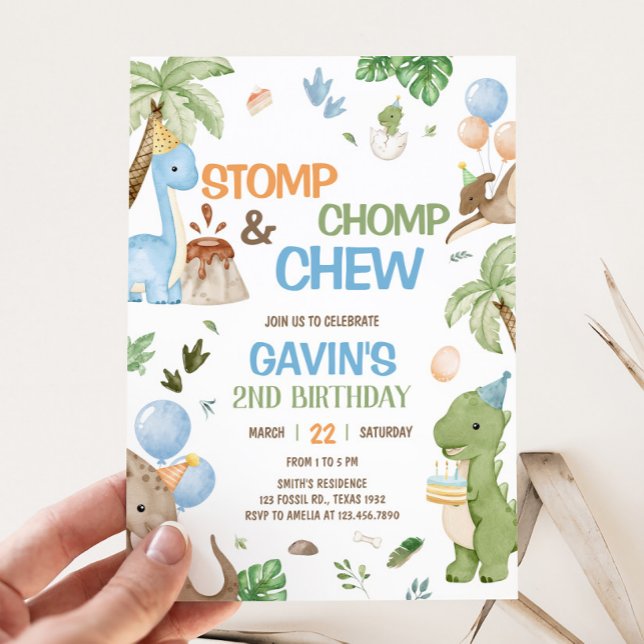 Invitación Fiesta de cumpleaños Jurassic Cute Dinosaur (Stomp, Chomp and Chew Dinosaur Birthday Party Invitation)