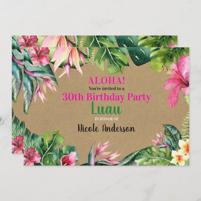 Invitación Fiesta de Cumpleaños Kraft Luau Floral Tropical Al (Anverso / Reverso)