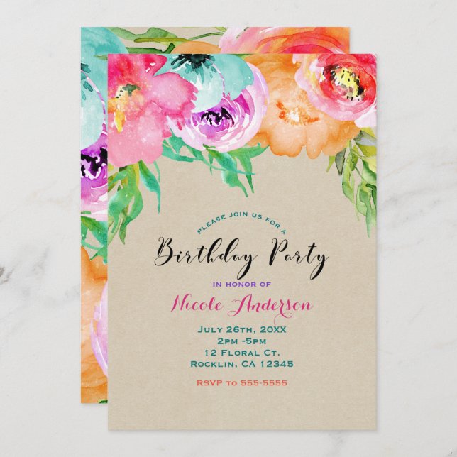 Invitación Fiesta de Cumpleaños Kraft Marrón Floral Brillante (Anverso / Reverso)