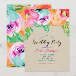 Invitación Fiesta de Cumpleaños Kraft Marrón Floral Brillante