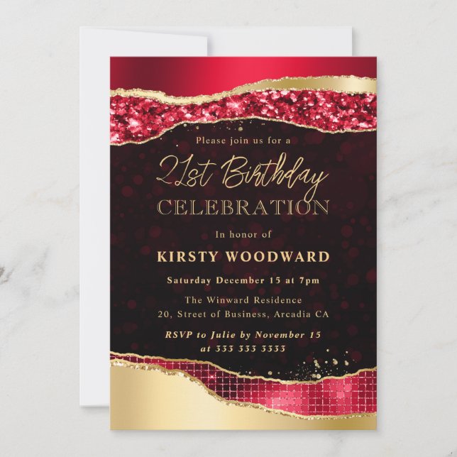 Invitación Fiesta de Cumpleaños Lágrimas de Glamour Rojo y Do (Anverso)