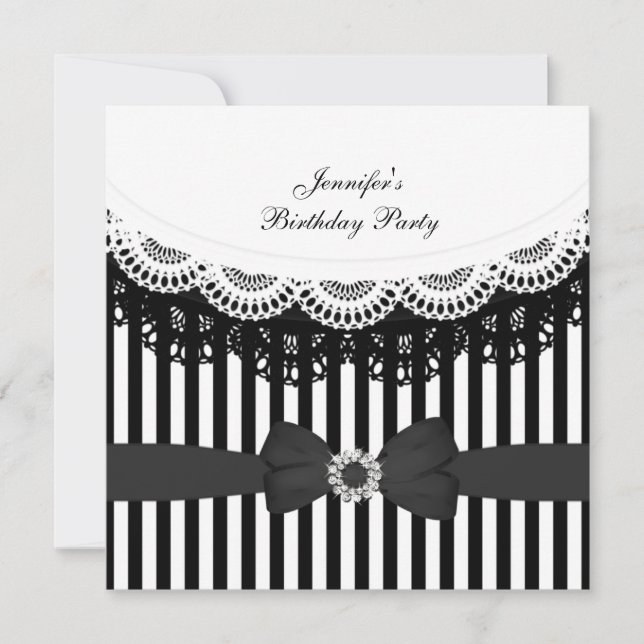 Invitación Fiesta de Cumpleaños Lazo de Encaje Negro Blanco R (Anverso)