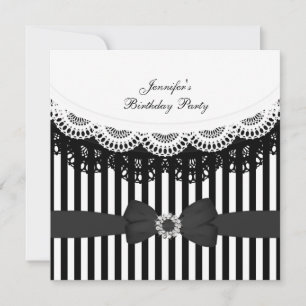Invitación Fiesta de Cumpleaños Lazo de Encaje Negro Blanco R