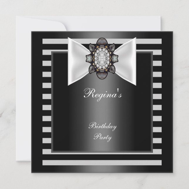 Invitación Fiesta de cumpleaños lazo de raya negra blanca (Anverso)