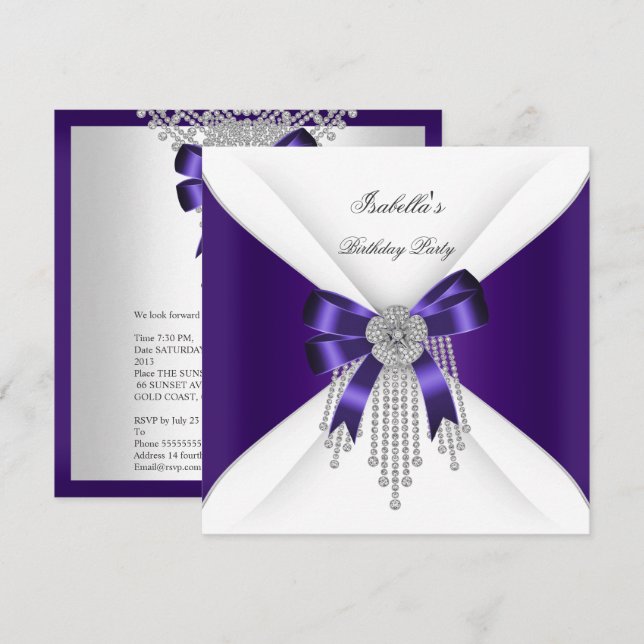 Invitación Fiesta de Cumpleaños Lazo Morado Diamante Blanco P (Anverso / Reverso)