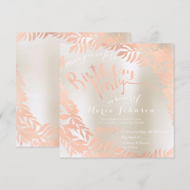 Invitación Fiesta de cumpleaños Leafs Wreath Ivory Pearl Rosa (Anverso / Reverso)