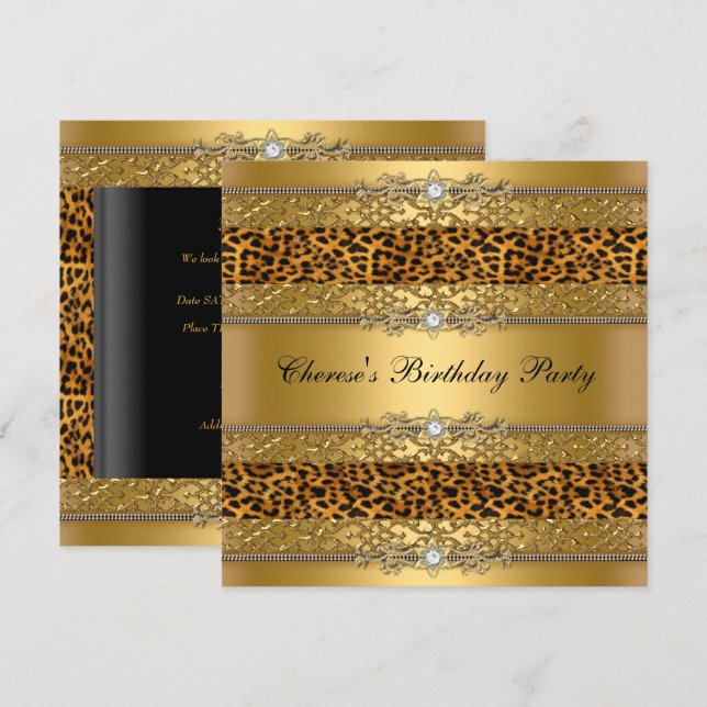Invitación Fiesta de Cumpleaños Leopardo Dorado Diamante (Anverso / Reverso)