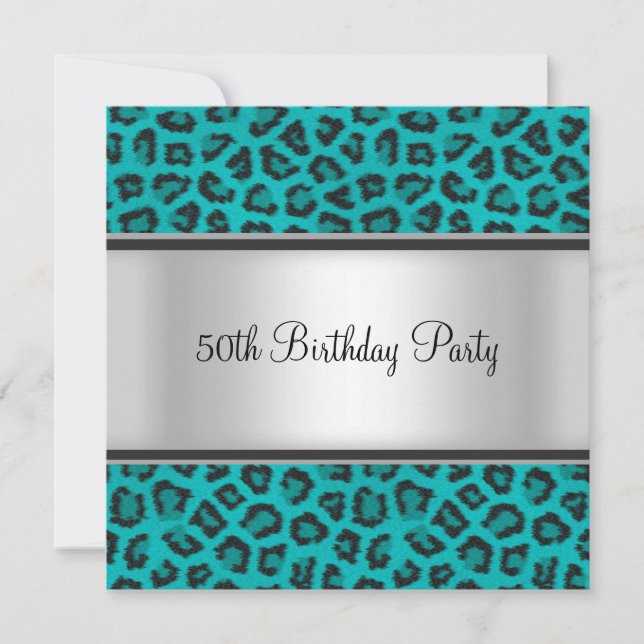 Invitación Fiesta de Cumpleaños Leopardo Pelaje Turquesa (Anverso)