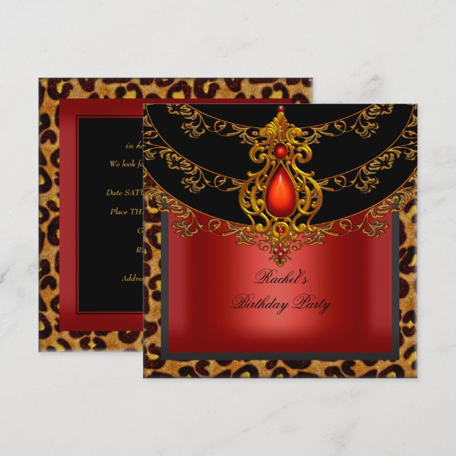 Invitación Fiesta de Cumpleaños Leopardo Rojo Oro Negro (Anverso / Reverso)