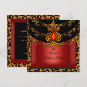 Invitación Fiesta de Cumpleaños Leopardo Rojo Oro Negro