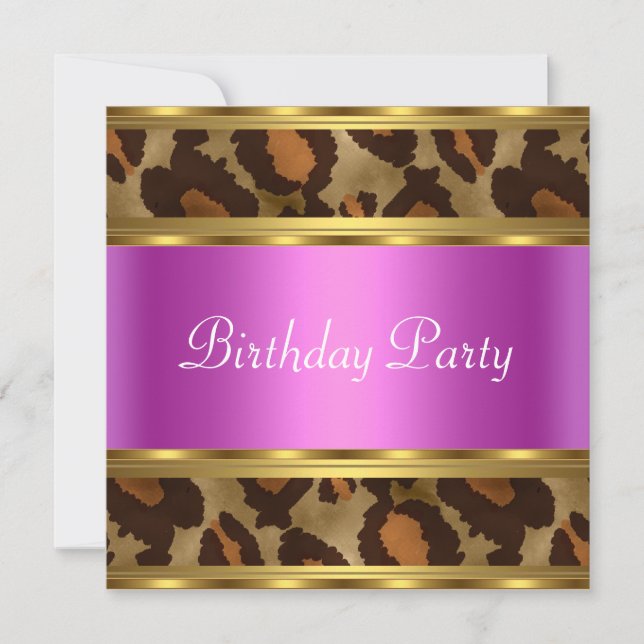 Invitación Fiesta de Cumpleaños Leopardo Rosa Dorado (Anverso)