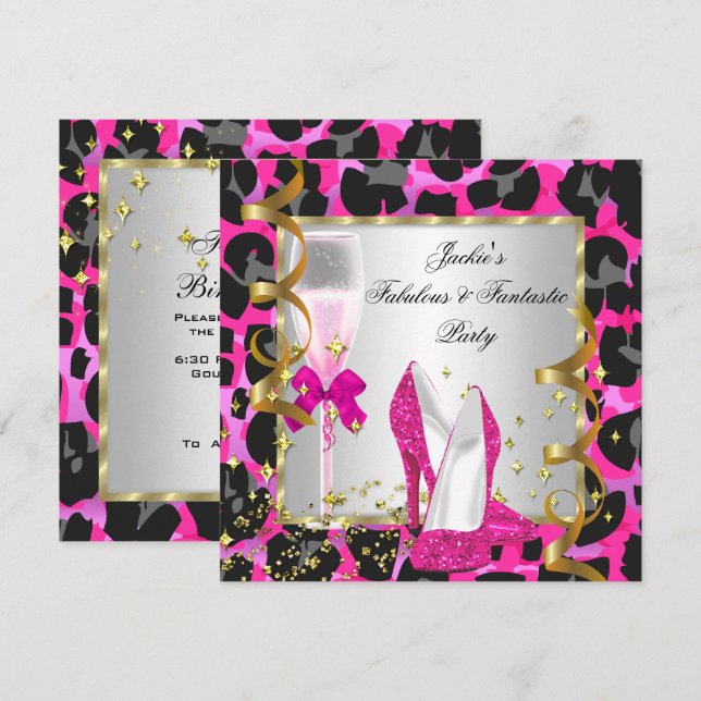 Invitación Fiesta de Cumpleaños Leopardo Rosa Fucsia Negro Pl (Anverso / Reverso)
