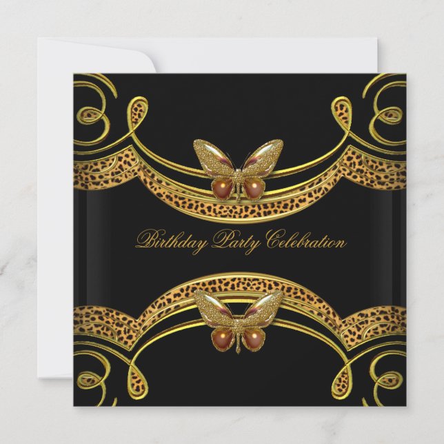 Invitación Fiesta de Cumpleaños Leopardo Salvaje Negro Oro (Anverso)