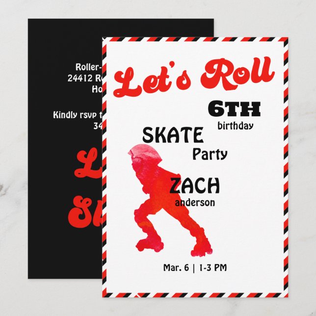 Invitación Fiesta de Cumpleaños Let's Roll Rojo y Negro (Anverso / Reverso)