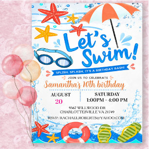 Invitación Fiesta de Cumpleaños Let's Swim en la Piscina