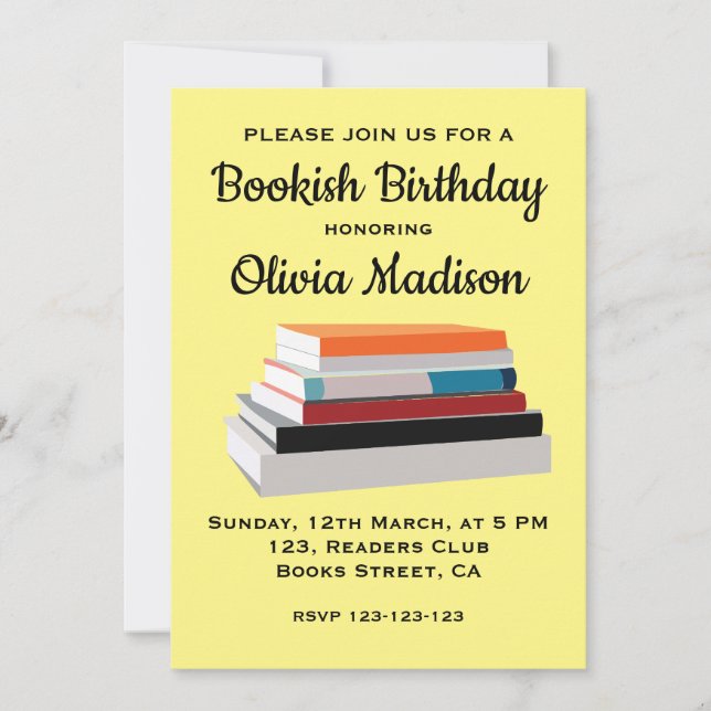 Invitación Fiesta de cumpleaños libresca para amantes de los  (Anverso)
