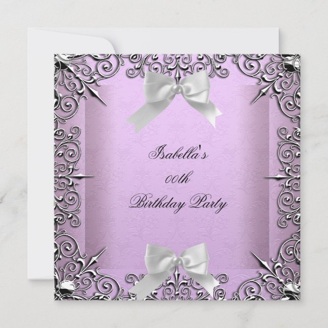 Invitación Fiesta de Cumpleaños Lila Lavanda Plateado Blanco  (Anverso)
