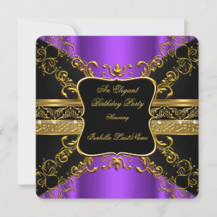 Invitación Fiesta de Cumpleaños Lila Negro Dorado Ornamentada