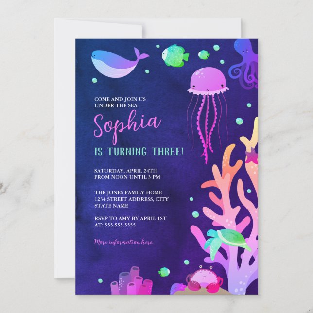 Invitación Fiesta de cumpleaños linda bajo el mar (Anverso)