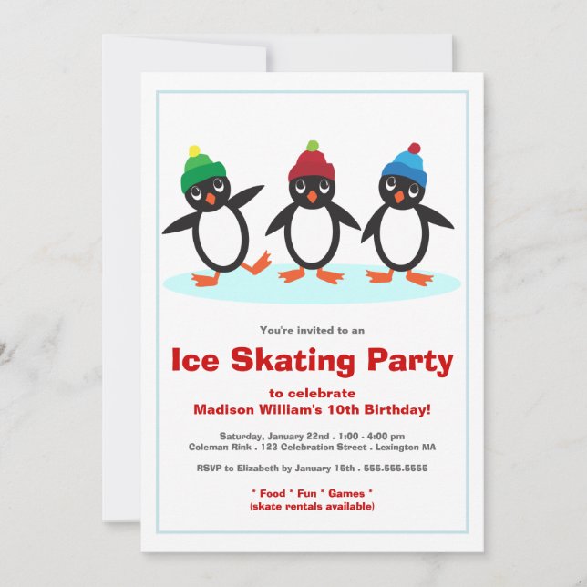 Invitación Fiesta de cumpleaños linda del patinaje de hielo (Anverso)