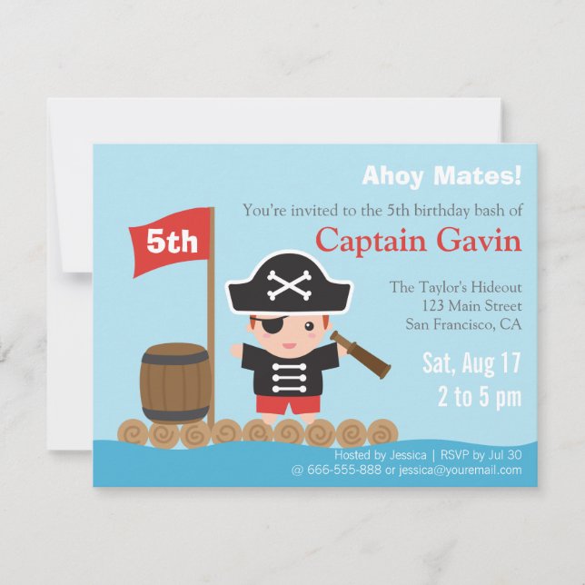 Invitación Fiesta de cumpleaños linda del pirata del muchacho (Anverso)