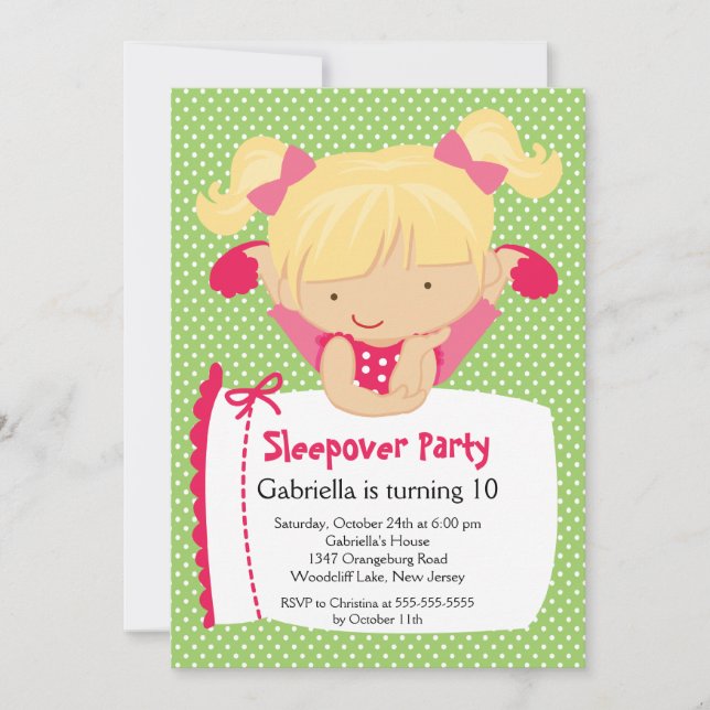 Invitación Fiesta de cumpleaños LINDA del Sleepover Inviation (Anverso)