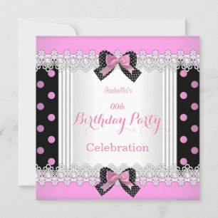 Invitación Fiesta de Cumpleaños Lindo Rosa Negro Blanco Lunar
