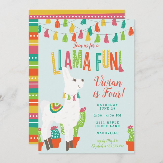 Invitación Fiesta de cumpleaños Llama Azul Alpaca (Anverso / Reverso)