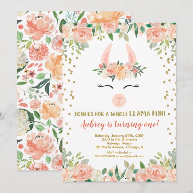 Invitación Fiesta de cumpleaños Llama, chica purpurina de oro (Anverso / Reverso)