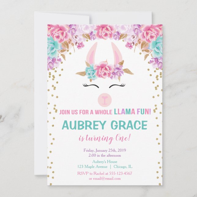 Invitación Fiesta de cumpleaños Llama, floral verde azulada d (Anverso)