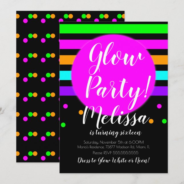 Invitación Fiesta de cumpleaños loca de neón que brilla en la (Anverso / Reverso)