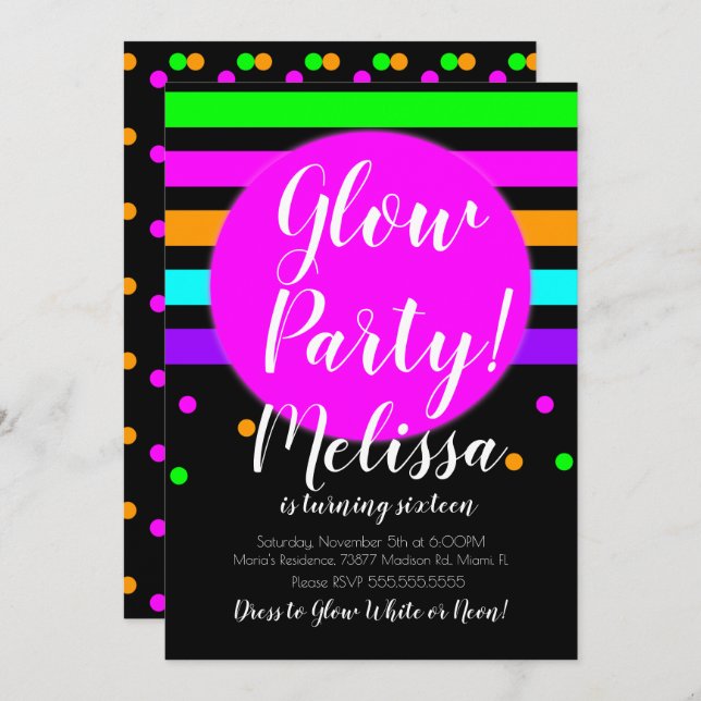 Invitación Fiesta de Cumpleaños Loca Neon Glow en la Oscurida (Anverso / Reverso)