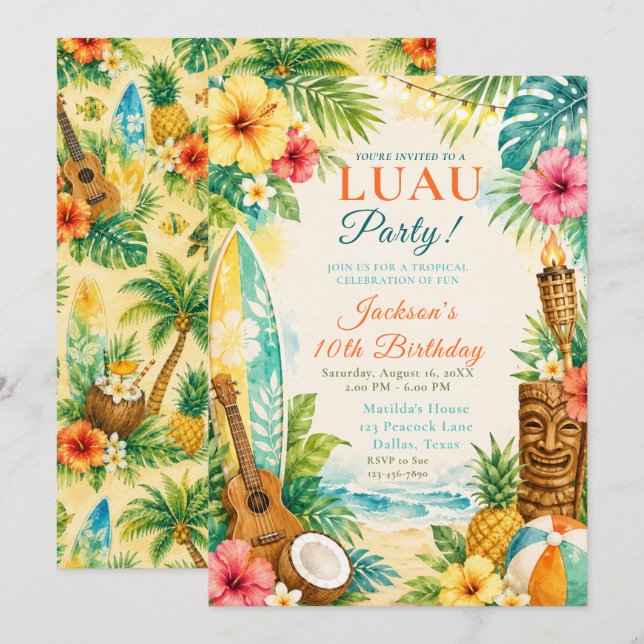 Invitación Fiesta de cumpleaños Luau (Anverso / Reverso)
