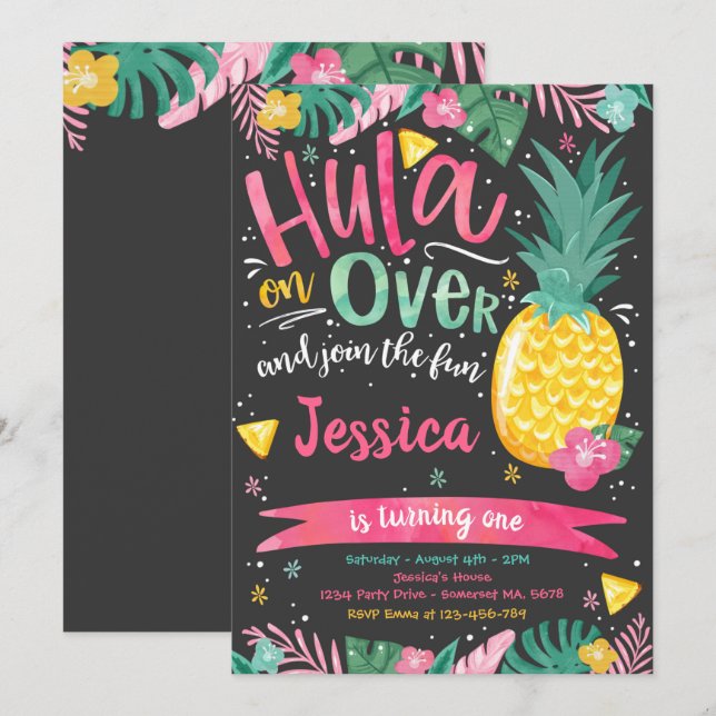 Invitación Fiesta de cumpleaños Luau de Hawái Pineapple Luau  (Anverso / Reverso)