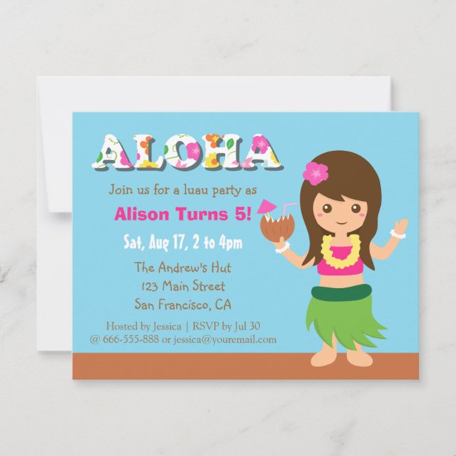 Invitación Fiesta de cumpleaños Luau de la chica Hula de Hawa (Anverso)