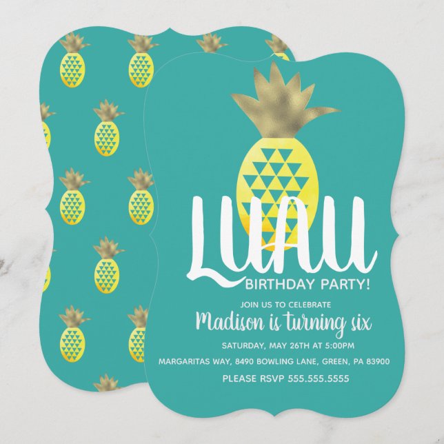 Invitación Fiesta de cumpleaños LUAU de piña a cualquier edad (Anverso / Reverso)