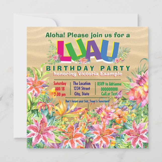 Invitación Fiesta de Cumpleaños Luau en la Playa Tropical (Anverso)