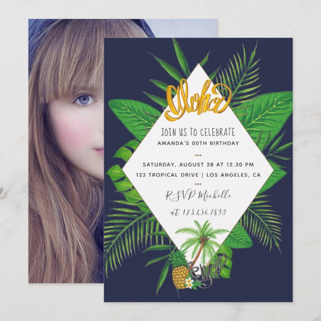 Invitación fiesta de cumpleaños luau hawaiano aloha agregar f (Anverso / Reverso)