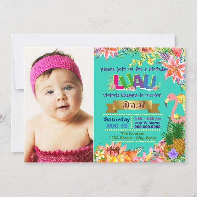 Invitación Fiesta de cumpleaños Luau Hawaiano para niñas (Anverso)