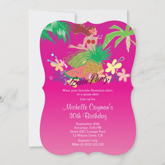 Invitación Fiesta de cumpleaños Luau Rosa (Anverso)