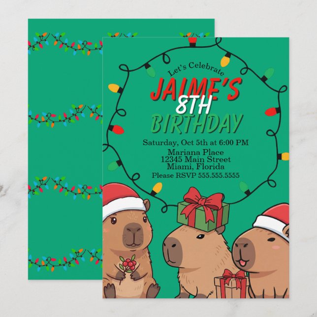 Invitación Fiesta de Cumpleaños Luces de Navidad de Carpincho (Anverso / Reverso)