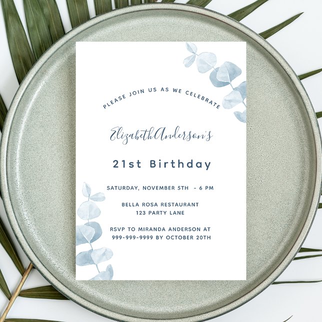 Invitación Fiesta de cumpleaños lujo eucalipto azul polvorien (Subido por el creador)