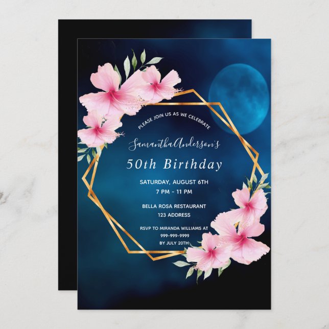 Invitación Fiesta de cumpleaños luna azul flores rosadas geom (Anverso / Reverso)