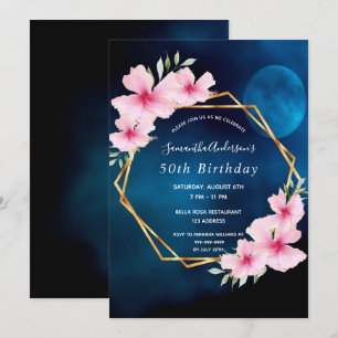 Invitación Fiesta de cumpleaños luna azul flores rosadas geom