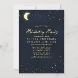 Invitación Fiesta de Cumpleaños Luna Estrellas Azul Medianoch